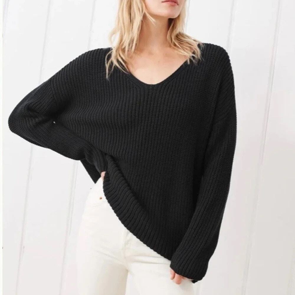 Jenni Kayne Cabin Sweater Black Organic Cotton Chunky Knit V Neck Oversized M